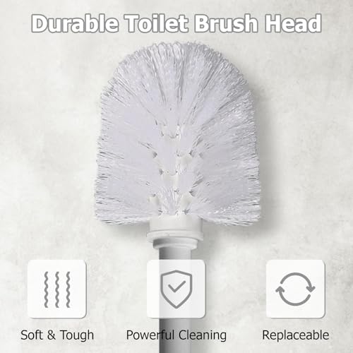 Image of Topsky 2 Pack Compact Toilet Brush & Holder Set, Plastic Round Barrel Loo Brush with 2 Replacement Toilet Brush Head, Durable for Bathroom Toilet, Gray