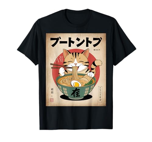 Kawaii Cat Eating Noodles Japanese Anime Cat Ramen T-Shirt