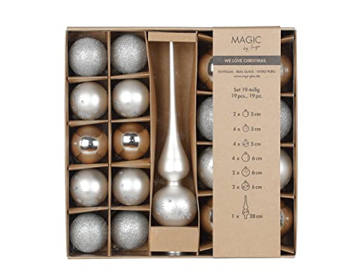 Weihnachtskugeln Glas Mix 5-6cm mit Christbaumspitze 19er Set Christbaumkugeln Frosty Silver Silber