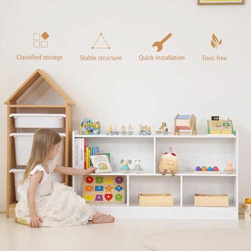 Image of Leeshyah 5-Section Wooden Toy Shelf for Kids, Montessori Shelf Storage with Open Shelving & Customizable Layout | Safe, Sturdy Design for Kids Room, Classroom & Playroom White