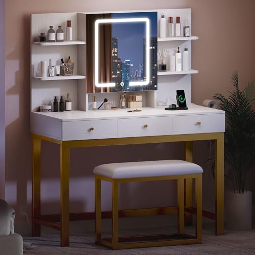 DWVO Vanity Desk with Mirror & Power Outlet, Hidden Storage Shelves, 3 Drawers, Adjustable 3 Lights Modes, Dressing Table Set with Chair, Makeup Table with Stool, White Upgraded Vanity for Bedroom