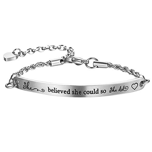 JewelryWe Schmuck Damen Armband mit Gravur She Believed she Could so she did, Edelstahl Verstellbar Inspiration Armreif Armkette für Frau Mädchen, Silber