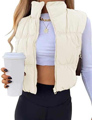 Athlisan Womens Cropped Puffer Vest Zip Up Stand Collar Lightweight Sleeveless Padded Gilet with Pockets(Beige-S)