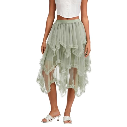 Women's Tulle Midi Skirt - Asymmetrical Pleated Layered Tutu, Elastic High Waist Cocktail & Casual Outfit2