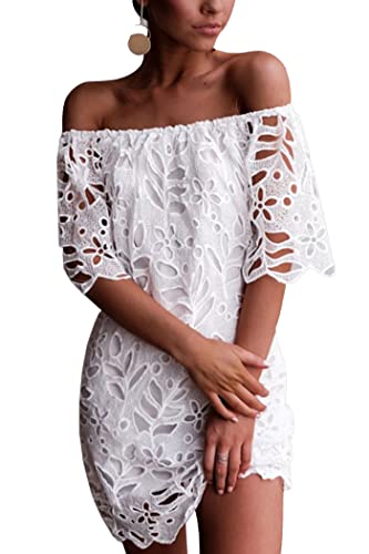 Prettygarden Women's Summer Off Shoulder Vintage Floral Lace Flare Short Sleeve Loose Elegant Mini Dress (White,Medium) #TOP8