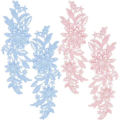 CABODYALS 2 Pairs 2 Colors Pink and Blue Flower Lace Applique Sew On Embroidery 3D Floral Appliques Vintage Embroidered Polyester Patches for Sewing Making Dresses Clothes Wedding Decor DIY Craft