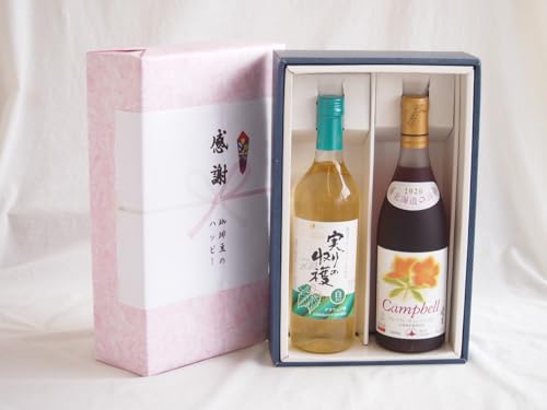 感謝の贈り物ボックス 山梨県産デラウェア種辛口白ワインと国産ワインセット(北海道の詩 プレミアムキャンベル赤ワイン 甘口(北海道)720mlシャンモリ実りの収穫辛口白ワイン9度 720ml
