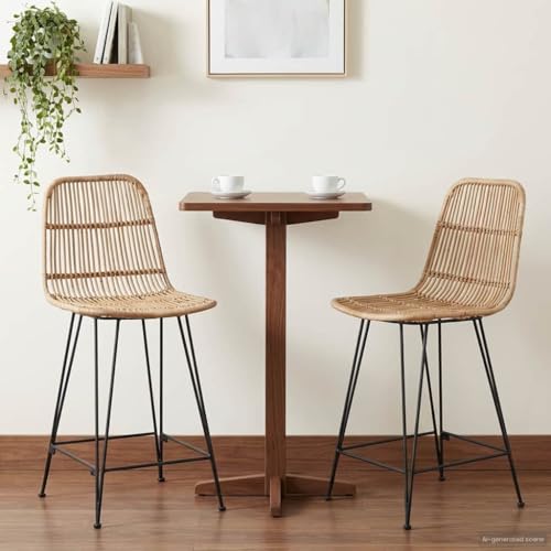Image of LoogCape Set of 2 Bar Stools Natural Rattan and Steel 44 x 54 x 96 cm with Backrest Footrest for Kitchen Dining Room Bar Counter Bistro Lounge