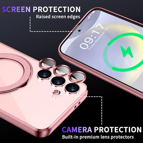Image of Magnetic Stand & Full Camera Lens Protector Case for Samsung Galaxy S24 [Compatible with MagSafe][Military Drop Protective] Not Yellowing Clear Slim Soft S24 Phone Case for Women Men,Pink