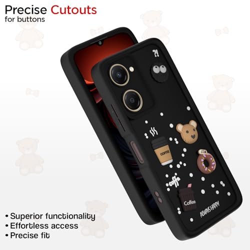 Image of Pikkme Bumper Case for iQOO Z9 Lite 5G / Vivo T3 Lite 5G / Vivo Y18 / Y18e / Y03 | Cute Fun Cartoon 3D Bear Silicone Full Body Protection Back Cover (Black)