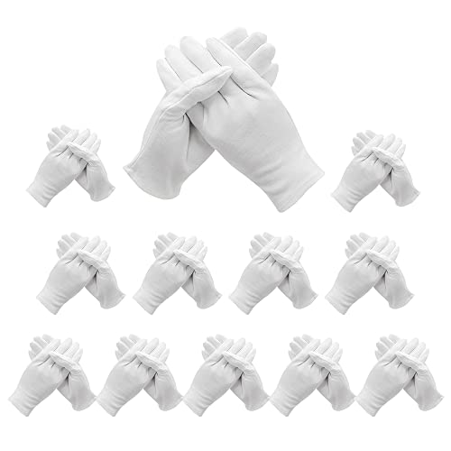 RUGUOA 12 Pares Guantes Blancos Algodon Guantes 100% Algodón Dermatologicos Guantes Para Dermatitis Lavables a MáQuina Guantes Trabajo para Eczema Manos Secas,Camarero Guantes Joyeria (One Size,20cm) Cover