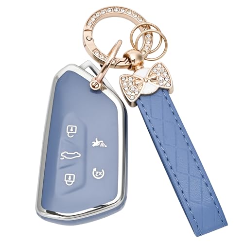 for Volkswagen Key Fob Cover - 5 Button Soft TPU Protection Car Key Case for VW Golf GTI Skoda Octavia ID3 ID4 MK8 Smart Key Case with Bling Keychain Cute Girly (Blue)