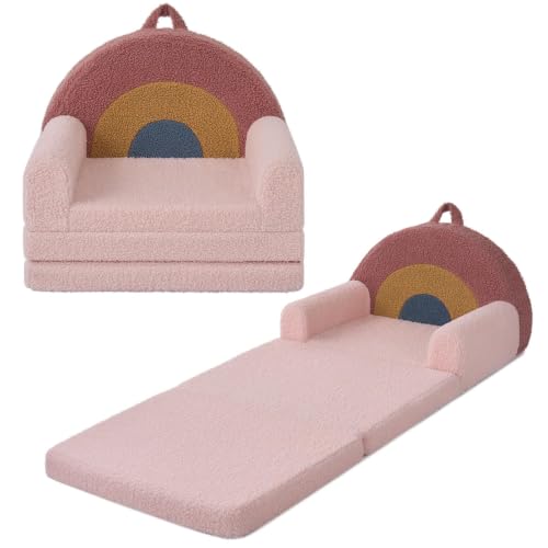 Image of Blissful Diary Foldable Kids Couch, 2-in-1 Comfy Kids Chair for Reading, Playroom, Kids Couch Sofa for Girls Boys Birthday Gift, Blush Rainbow