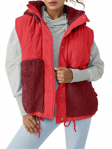 Imily Bela Womens Winter Sherpa Fleece Vest Stand Collar Button Down Sleeveless Jacket Casual Hooded Coat Outerwear