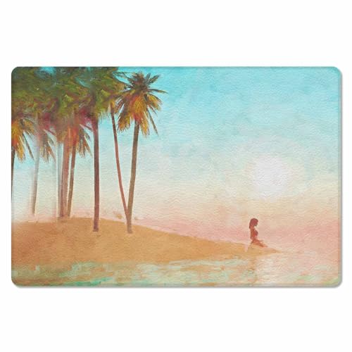 Coconut Tree Antifatigue Kitchen Bath Door Mat Cushioned Runner Rug,Washable Welcome Floor Sink Mat,Waterproof & Non-Slip Standing Doormat for Kitchen,Beach Summer Island Girl Sun Painted 18