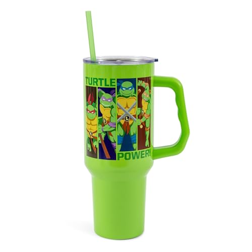 Image of Silver Buffalo Teenage Mutant Ninja Turtles Turtle Power Stainless Steel Tumbler with Handle Featuring Leonardo, Donatello, Raphael, and Michelangelo, Fits in Standard Cup Holder, 40 Ounces