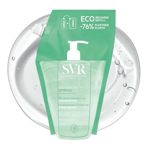 SVR Spirial Gel de Ducha Desodorante Refill 400ml – Frescor Intenso 24h, Limpieza Suave para Piel Sensible, Combate el Olor Corporal, Gel 2 en 1, Ecológico y Recargable