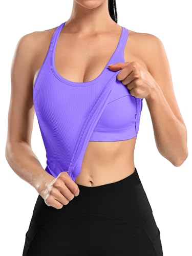 Image of ATTRACO Ribflex Ribbed Workout Crop Tops with Built in Bra for Women Yoga Racerback Tank Top Slim Fit