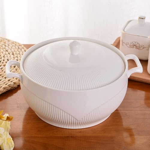 Elegancka ceramiczna miska do zupy z pokrywką, pojemność 3 l, trwała porcelanowa miska do serwowania z uchwytem i łyżką, nadaje się do kuchenki mikrofalowej i zmywarki, 1,8 l