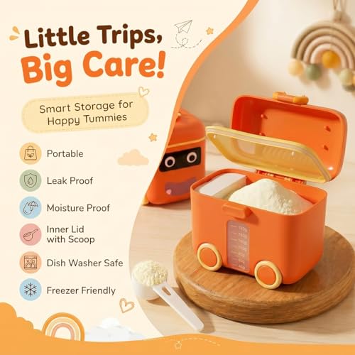 Image of StarAndDaisy Formula Milk Container for Baby Milk Powder Container with Scoop Holder, Portable Formula Dispense, Airtight First Feed Baby Food Storage Container /Box for Travel 200 Grams (Bus-Orange)