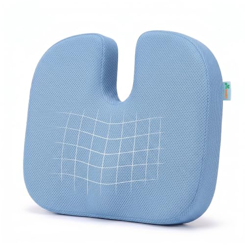 Image of Grin Health Coccyx Seat Cushion for Tailbone Pain (High Density) Memory Foam Coccyx Pillow for Hip, Tailbone, Sciatica, Back Pain Relief | Chair Pad for Office & Car, Blue
