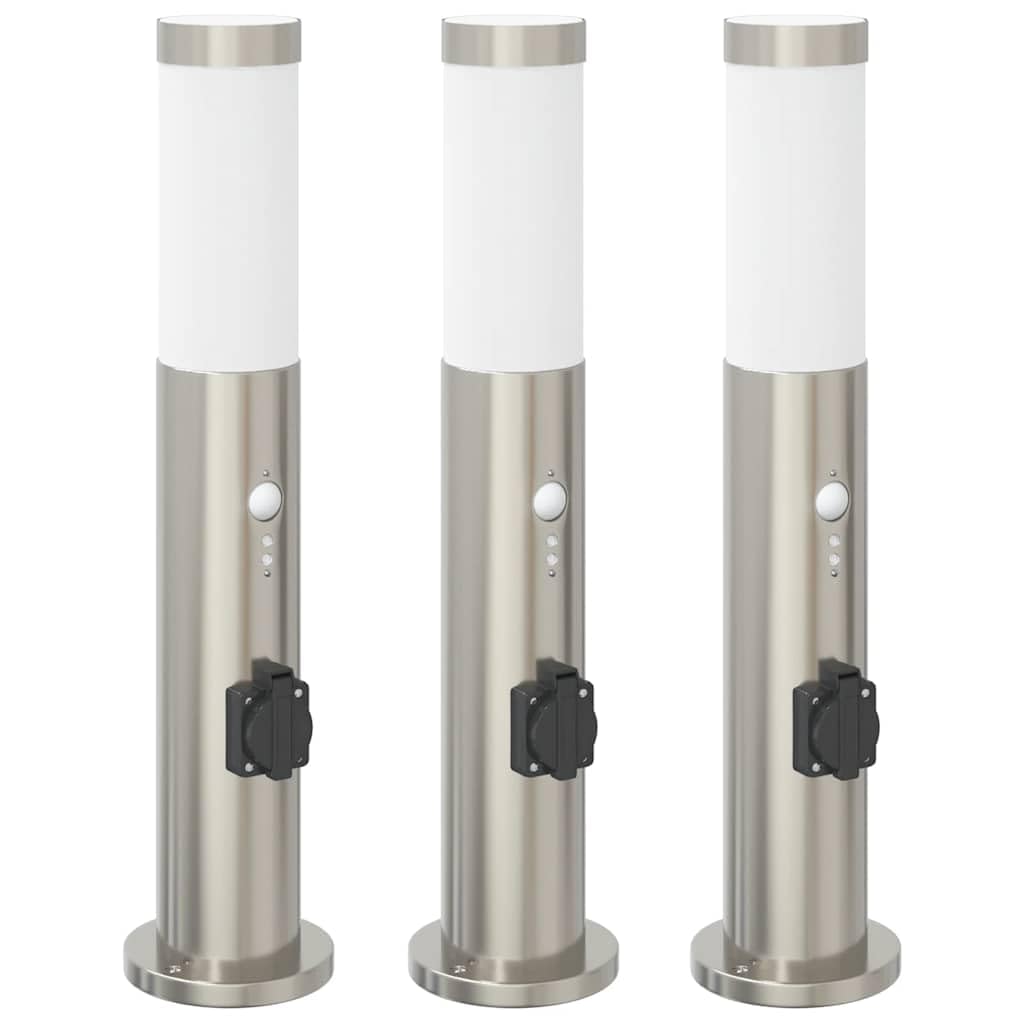 Set di 3 lampade a colonna in acciaio inox, 50 cm, con protezione IP44, presa integrata e sensore di movimento PIR, per giardino, terrazza, cortile, illuminazione esterna moderna e funzionale