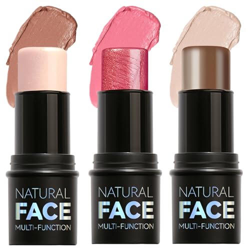 Nivofu 3 peças Colorete em creme Contour Stick Iluminador em Stick, Bronzeador e Blush, Barra de maquilhagem multifuncional, resistente à água, persistente, define maçãs do rosto