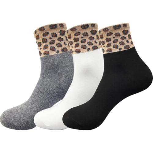 PYEUIFT 3 Piezas Paquete de calcetines de felpa con estampado de leopardo para mujer, calcetines de algodón para mujer, calcetines de leopardo para mujer, calcetines blancos, negros y grises(1)