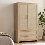 SICOTAS Rattan Armoire Wardrobe Closet Cabinet, 71' Wardrobe Storage Cabinet with 2 Drawers, and Hanging Rod, Boho Large-Capacity Deep Armoire Clothes Organizer for Bedroom, Cloak Room, Light Oak