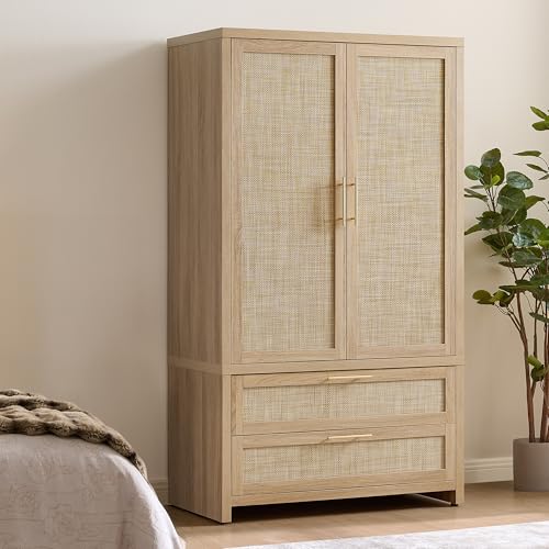 Image of SICOTAS Rattan Armoire Wardrobe Closet Cabinet, 71 inch Wardrobe Storage Cabinet with 2 Drawers, and Hanging Rod, Boho Large-Capacity Deep Armoire Clothes Organizer for Bedroom, Cloak Room, Light Oak