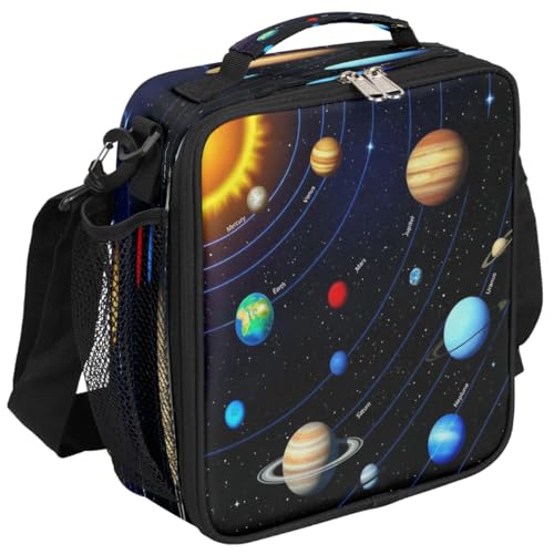 AUUXVA Kids Lunch Box, Planets Color, Unisex, 10.5x3.5x9.5 Inch, Oxford Material and Aluminum Film, Spacious, Lightweight, Adjustable Shoulder Straps, Heat Insulation