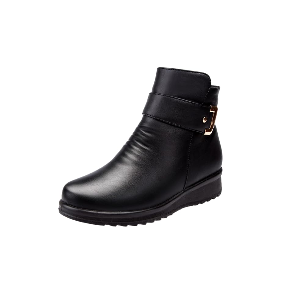 Womens Metal Buckle Leather Wool Orthopedic Boots Winter Warm Slip on Fur Lined Snow Boots with Side Zipper