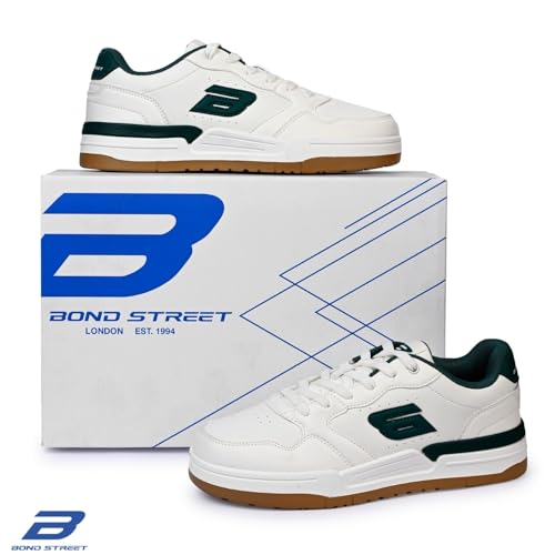 Image of Bond Street Men's White & Green Casual Sneakers | PU Upper Lace-Up Shoes for Men | Lightweight Footwear with Durable PVC Sole | Stylish & Comfortable Men's Fashion Sneakers