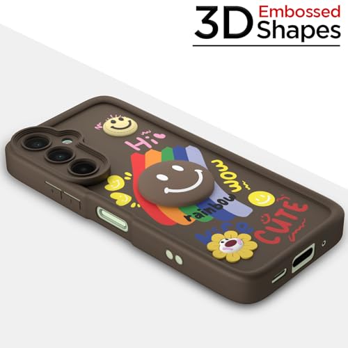 Image of Pikkme Back Cover for Samsung Galaxy M16 5G | Soft Silicone| Cute Rainbow Smile & 3D Cartoon Flower Design | Shockproof Raised Camera Protection Bumper Case (Brown)