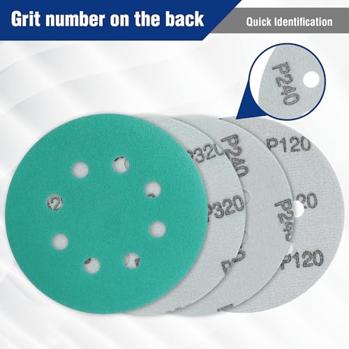 WORKPRO 150-piece Premium Sanding Discs Set, 5" 8-Hole Polyester Film Hook and Loop Sandpaper, 10 Grades Include 60, 80, 100, 120, 150,180, 240, 320, 400, 600 Grits for Random Orbital Sander, Green by WORKPRO - Image 5