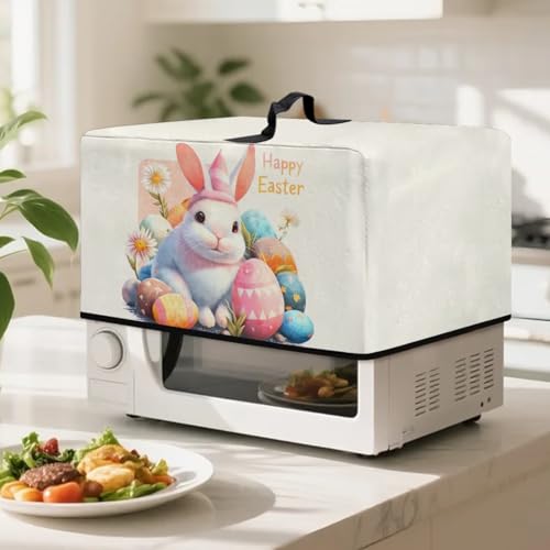 Image of Countertop Microwave Cover Convection Oven Cover Dust-Proof Toaster Oven Protector Happy Easter Print, S, 18.25 x 14.5 x 11 Inches, Cute Bunny Easter Egg Daisy Beige