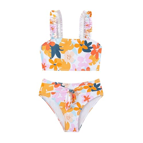 Girls Swimsuit Teens Kids 2 Piece Floral Bathing Suit Smocked Sleeveless Printed Tops Knotted Bottoms Cute Bikini Set