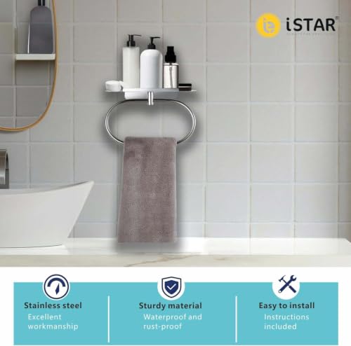 Image of Bathroom Towel Ring with Shelf, 304 Stainless Steel Towel Holder for Bathroom Wall Mount, Self Adhesive or Drill Installation, Rustproof Hand Towel Ring (Chrome)
