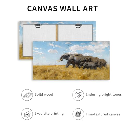 SERIMINO Large Wall Art Vintage Decor, Elephant Herd Canvas Painting, Grassland Landscape Wall Art Prints, Nature Animals Pictures Wall Decor for Bedroom Living Room Bathroom Office 20x40 Inch