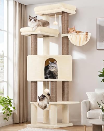 Image of Globlazer Tall Cat Tree Tower for Large Adult Cats, Multi-Level Large 65 Inch Cat Scratching Tower with Hammock, 6 Scratching Posts, Basket and 2 Perches for Indoor Multiple Cats, F65D, Beige