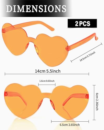 QLEUIFT 2 pcs Herzform Sonnenbrille Multicolor Randlose Herzförmige Brille Mode Herz Übergroße Mode Sonnenbrille Eyewear für Frauen, Orange
