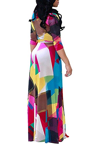 Locryz Women's Floral Print Long Sleeve V Neck Party Floor Length    Dress with Belt (M, Red)