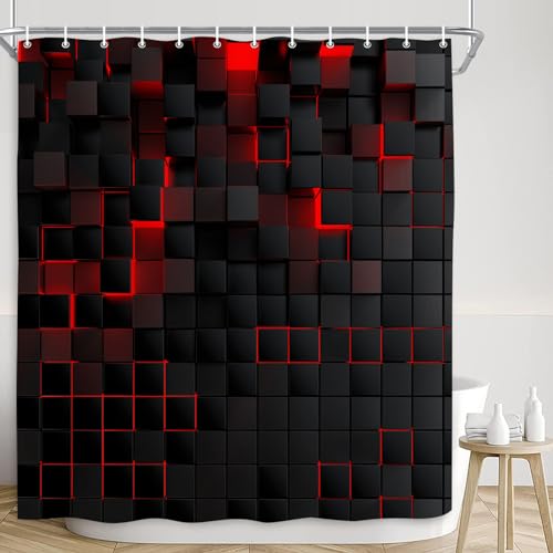 iTapnoom Black Red Wall Shower Curtain, 3D Black Brick Design Plaid Bath Curtain for Man Boy Cool Bathroom Decor, Fabric Waterproof Bathroom Decor Accessory Set with 12 Hooks 72x72 inch
