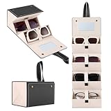 Muf Travel Sunglasses Organizer with 4 Slots,Upgraded Multi Sunglasses Case with Mirror & Strap,Suit for Oversized Sunglass,Foldable Sunglass Holder Sunglass Storage Case,Black