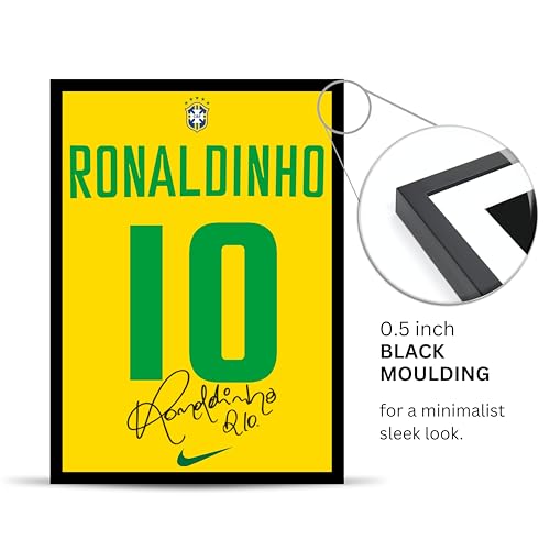 Image of Posternet Ronaldinho Inspired Football Jersey Frame Poster | Brazil No. 10 Yellow Green Sports Wall Art | Premium A4 Framed Poster for Bedroom, Living Room, Office, Gym | Football Fan Gift & Room Decor (8.3 x 11.7 Inch)