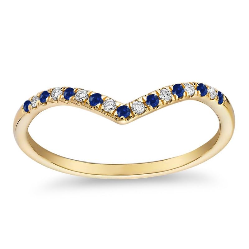 Alternate Blue Sapphire & White Diamond Chevron V Shape Wedding Band For Women, 14k Yellow Gold Finish Blue Sapphire Matching Contour V Shape Anniversary Ring