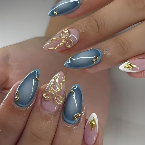 LPOODDNU 3D Gold Bow Star Press on Nails Almond - Medium Blue Fake Nails with French Tip Designs,