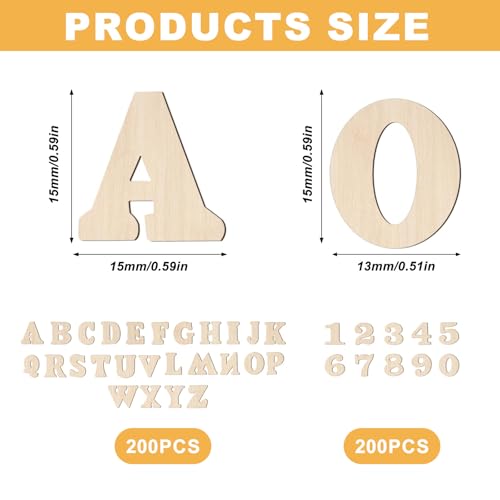 400 Stück 15mm Kleine Holzbuchstaben zum Basteln und Holzzahlen: 200 STK Holz Buchstaben(A-Z) & 200 Holz Zahlen(0-9), für DIY Handwerk Home Hochzeit Party Dekoration