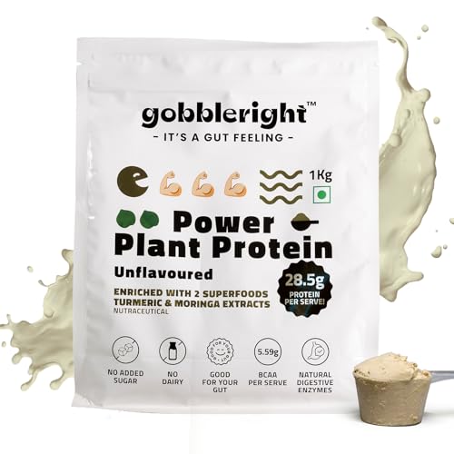 Image of GOBBLERIGHT Plant Based Protein Powder Unflavoured 1kg | No Added Sugar | Isolate & Concentrate Pea Rice Protein with Turmeric & Moringa | 5.59g BCAA | No Bloat & Gut Friendly | Vegan & Gluten Free