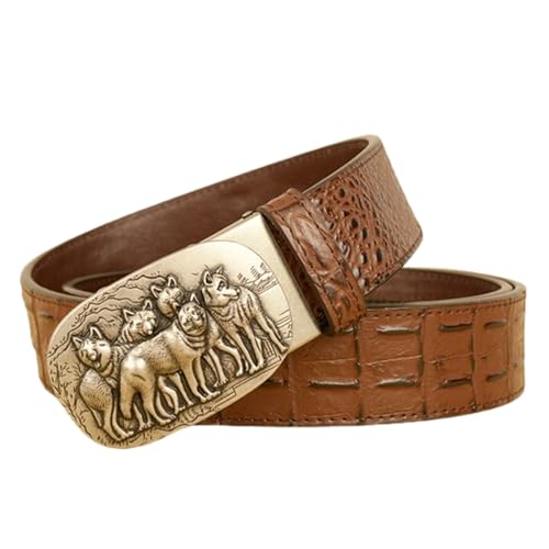 Men's Crocodile Pattern Leather Ratchet Dress Belt With Engraved Silver Animal Automatic Buckle, Adjustable3